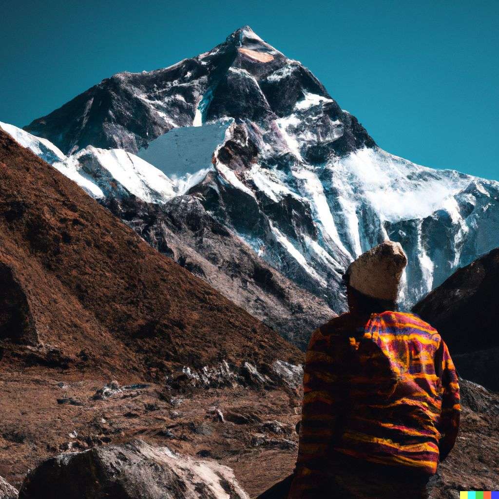 someone gazing at Mount Everest, photograph, taken from a low angle
